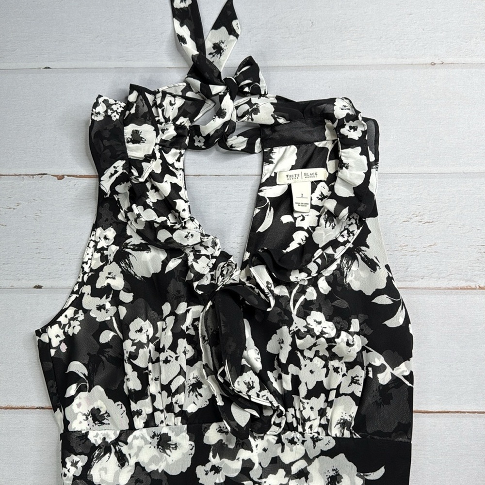 White House Black Market Flowy Floral Black and White Dress Size 2 - Picture 5 of 13